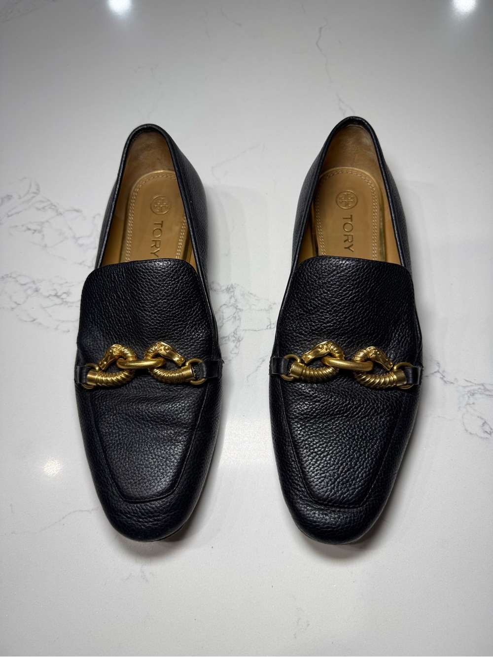Tory Burch Black Leather Chain-Trim Loafers - Picture 2 of 12